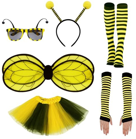 Topzora Bienenkostüm Damen 6-teilig – Tüllrock, Flügel, Fühler-Haarreif, Bienenbrille, Armstulpen & Beinstulpen – Fasching Karneval Kostüm Erwachsene