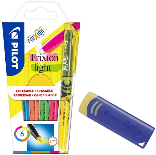 PILOT - 6er-Set FriXion Light - Radierbarer Textmarker - Keilspitze für feine oder breitere Linien (+ Radierer)