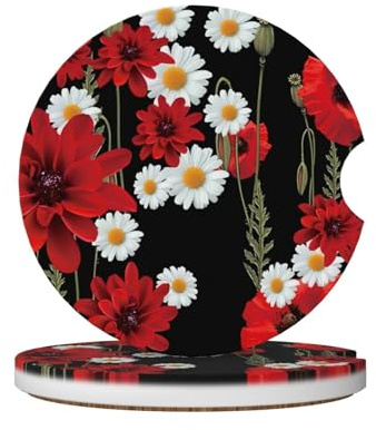 Set di sottobicchieri in ceramica con fiori rossi e margherite bianche, 6,5 cm, adatti per portabicchieri