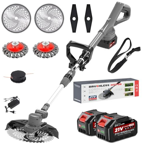 Debroussailleuse Electrique sans Fil, Coupe Bordure sans Fil 4 en 1, avec 2 Batteries 4.0 Ah, Tête Pivotante 90°, Poignée Réglable, Diamètre de Coupe : 22 cm pour Jardin Élagage