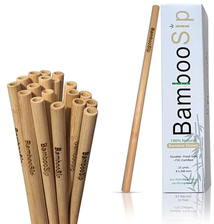 BambooSip Premium Bamboo Straws - 25 Pack | 100% Natural, Durable, Food-Safe | Plastic-Free Alternative to Paper Straws