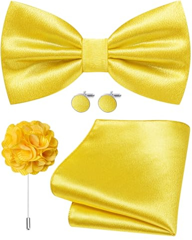 Barry.Wang Yellow Bow Ties for Men Women Boy Solid Color Pre-tied Bowtie Set Pocket Square Cufflinks Lapel Pin Wedding Prom Party 4PCS