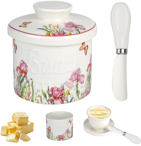 YYTECH Butterglocke Keramik mit Buttermesser, Französische Butterdose Mit Wasserkühlung, Butterdosen Mit Deckelf, Buttertopf Für Frische Und Streichfähige Butter (Geblümt, 6.7oz)