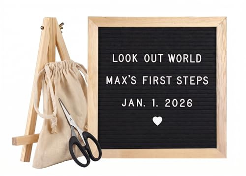 Felt Letter Board, 10x10 Inch Changeable Message Center with Stand, Black | Letter Board with 340 Letters, Numbers & Symbols, for Baby Announcements, Milestone Memories, Party Decoration Gift