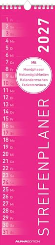 Streifenplaner PINK 2027: schmaler Wandkalender 11,3x49,5 cm mit farblich markierten Wochenenden, Feiertagen & Mondphasen, ideal für Haushalt, Familie & Büro