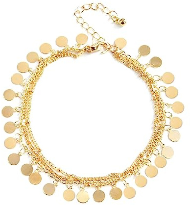 Skcess Boho fotlänk, legering flera lager cirkel fotkedjor för kvinnor sommar strand fotsmycken för tonåringar flickor guld tiggeriarmband, 22 cm längd
