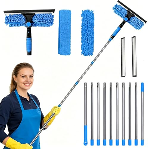 4M Extendable Window Cleaning Kit, 2-in-1 Telescopic Window Cleaner with 180° Rotating Head, Squeegee & Microfibre Cloths, for High Windows, Home & Office Use (Blue)