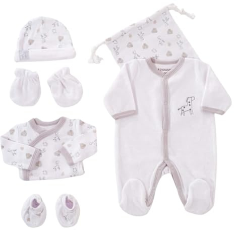 KINOUSSES - Kit Naissance 6 Pièces - 1 mois - Velours Blanc - Motif Girafe - (Pyjama, Body, Bonnet, Moufles, Chaussons et Pochon de Rangement) - Cadeau Bébé Mixte Garçon et Fille