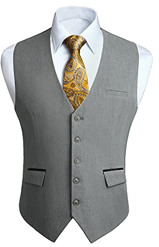 HISDERN Anzugweste Herren Grau Elegant Hochzeit Weste Klassische Casual Businessweste Formelle Smoking Anzugwesten mit Taschen XS