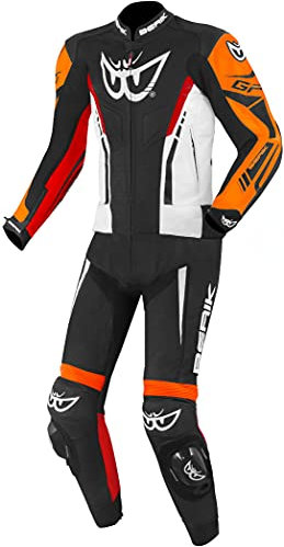 Berik Monza Tuta in pelle da moto a due pezzi, nero/bianco/rosso/arancio, 52