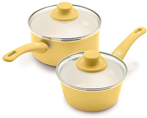 GreenLife Soft Grip Healthy Ceramic Nonstick, 1QT and 2QT Saucepan Pot Set with Lids, PFAS-Free, Dishwasher Safe, Yellow