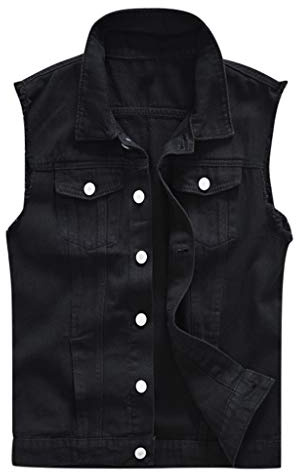 HULKAY Casual lapel denim väst jacka vintage smal passform ärmlös rippade jeans västar stor och lång retro jeans väst, Svart, 5XL