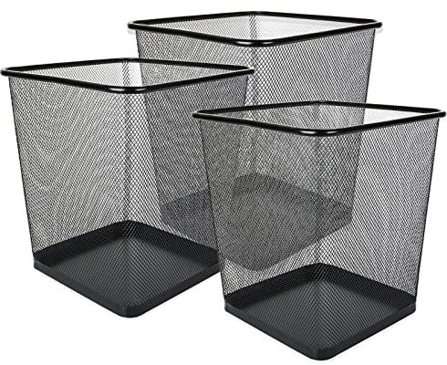 AHUNTTER 3 Pack Mesh Waste Paper Bin 12 Litres Metal Waste Basket Small Trash Can Rubbish Bin for Bedrooms Bathrooms Office Home Kitchens Supplies, 24 X 26cm Black Square
