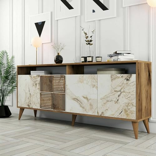 Dmora - Konsolentisch Virgo, Wohnzimmer-Sideboard, niedriger TV-Schrank, ausgestatteter Wandsockel, 180 x 35 h79 cm, Walnuss und weißer Marmor