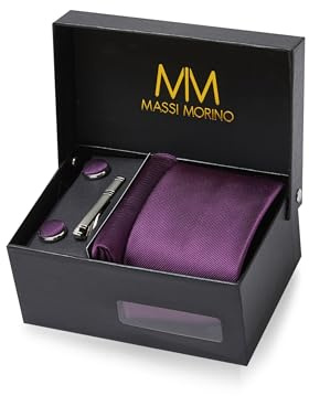 Massi Morino slips med näsduk i set för herrar inkl. manschettknappar, slipsnål och presentförpackning I slipsset herr för bröllop, lila, En Storlek