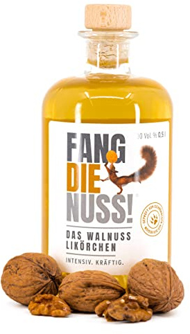 Fang die Nuss! | Premium Walnusslikör | Intensiv. Kräftig. | 30% Vol. Alkohol | Geprüft von Eichhörnchen aus der Region | Walnuss Schnaps 0,5l | Genießen & Gutes tun