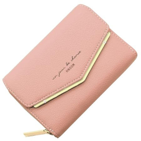 HNOOM Geldbörse Damen klein, Kleines Portemonnaie, Glattem und Weichem Synthetisches PU Leder, Damen Geldbeutel im Kurzformat mit Druckknopf Reißverschluss und 9 Fächer (Rosa)