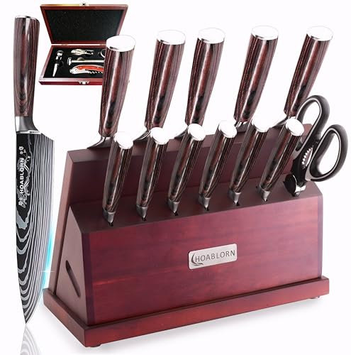 HOABLORN Set 15 Couteaux Cuisine Magnétiques de Luxe avec Bloc : Porte-Couteau en Acacia avec Cœur Magnétique Puissant, Couteaux de Cuisine en Acier Inoxydable Allemand, Celui pour vos Chefs (red)