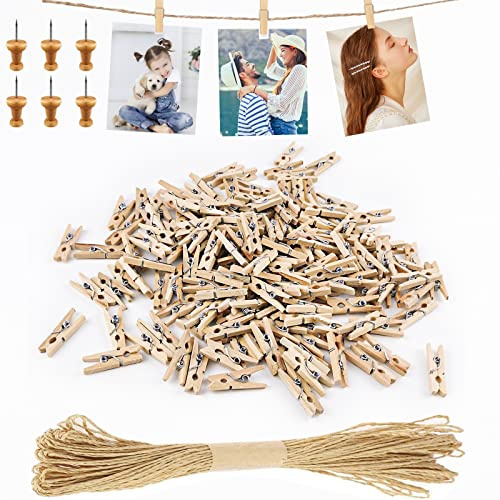 Furuising 150Pcs 3cm Mini Wooden Pegs with 10M Jute String and 5 Pins | Small Photo Pegs, Little Natural Photo Clips Peg for Hanging Photos and Pictures, Christmas Wall Display, Weddings & Party