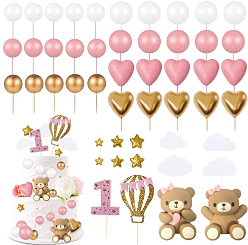 49 stück Rosa Tortendeko Set, Mädchen 1.Geburtstag Cake Topper, Teddybär Kuchen Dekoration für Hochzeit, Baby Shower und Geburtstag Party