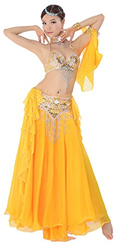 JRUIA Danza del Ventre da Donna Pratica Abbigliamento Vestito da Festival Costumi di Carnevale Top di Danza del Ventre Reggiseno Cintura E Gonna Set da Allenamento Completo in 3 Pezzi,A,S