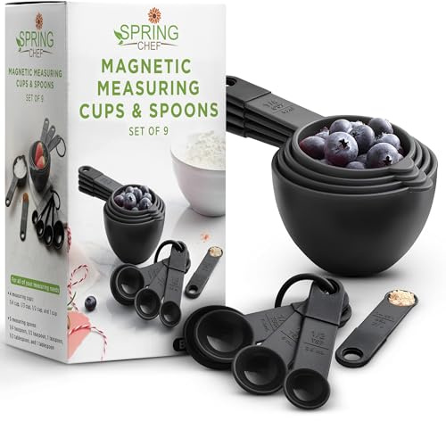 Spring Chef Magnetic Measuring Cups and Spoons Set of 9, Nesting Kitchen Tool with Easy to Read Markings for Measuring Dry or Liquid Ingredient, BPA Free, Black | for Dry & Liquid Ingredients - Food Safe & BPA Free - Dishwasher Safe