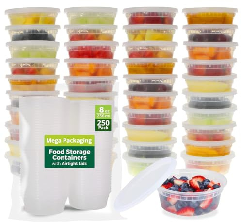 Mega Packaging (250 Pack 235ml - 8oz Round) Stackable Plastic Food Container Set With Lids - Reusable, Leakproof, Dishwasher & Microwave Safe, BPA Free Small Meal Prep Containers