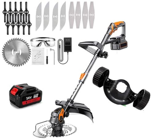 CUSTOMCREAT Desbrozadoras Electrica，Desbrozadora Inalambrica 24v*2，Desbrozadora Potente con 3tipos De Cuchillas，Ancho De Corte 15 Cm ，Desbrozadoras para Cortar Jardines, CéSped Y Tierras De Cultivo