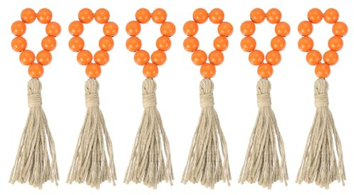 QUARKZMAN 6Stk Holz Perlen Serviettenring Bauernhaus Orange | Holz Perlen Servietten Schnallen, mit Jute Seil Quasten, für Weihnachten Thanksgiving Hochzeit Zuhause Tisch Dekor