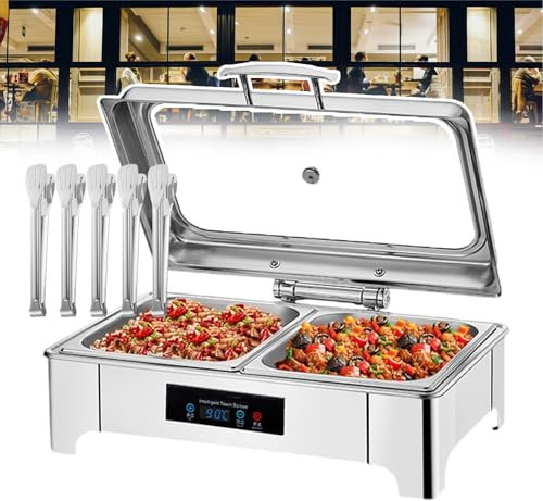 forplubossmmp Electric Chafing Dish 1/2/3 Pan with 5 Food Clip (12 inches), Stainless Steel Food Warmer for Commercial, Real-Time Digital Temperature Display, Transparent Large Glass Lid Top,2-grid
