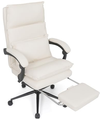 Fullwatt Bürostuhl mit Armlehnen, Bürostuhl Ergonomisch, Höhenverstellbar, bis 120 kg, 360° Drehstuhl für Haus, PU Leder, für Büro, Homeoffice, Braun (Beige mit Fußstütze)