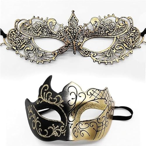 YUNHENTONG Venezianische Maske Herren Damen 2 Stück Maskenball Masquerade Mask Masken Kostüm Schwarz/Gold/Silber Spitzenmaske Maske Venezianisch Augenmaske Karneval Maske Fasching