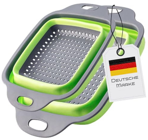 Faltbarer Seiher Sieb, Küche Silikon Klappbar Abtropfsieb Nudelsieb Set, Küchensieb Abwaschschüssel von Nudeln, Obst, Gemüse, 2 Größe (24.5+29.2cm) (Grün Rechteckig)