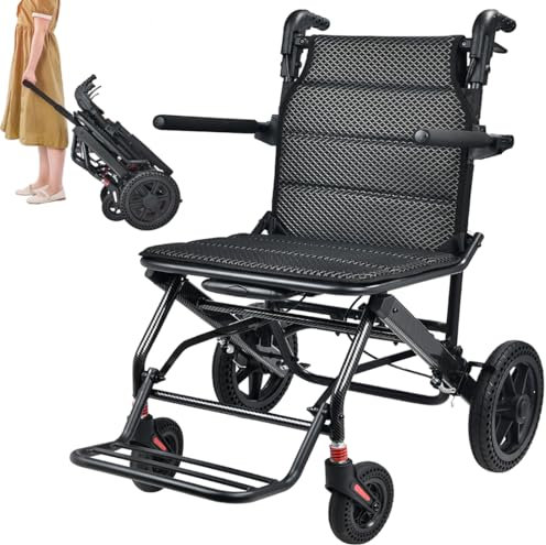 KCareU Portable Foldable Wheelchair with Pull Rod, 18''Seat Width 24‌lb‌ Lightweight Travel Wheelchair for Adults, Elderly, Aluminium Alloy Frame,Honeycomb Shock Absorbing tire,Support 243‌lb‌