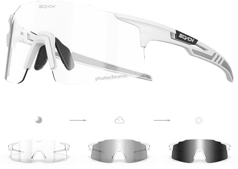 SCVCN Photochromique Lunette de Cyclisme Vélo Sport Homme Femme Transparente Protection UV400 Frame TR90 Vélo VTT Pêche Course Conduite Pêche Volleyball Golf Softball 06 Blanc