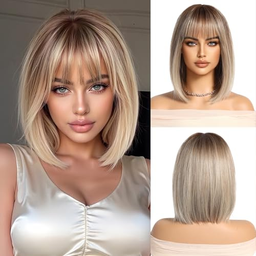 OUFEI Blonde Kurze Glatte Kunsthaar Bob Perücken für Damen Alltag Party