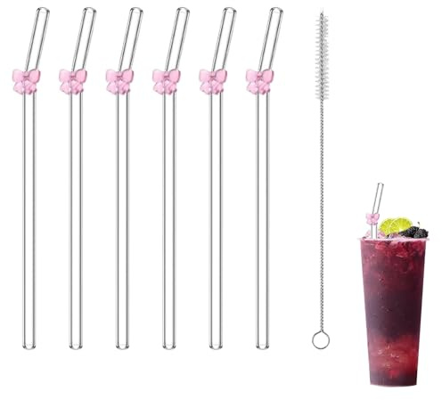 6Stk Transparent Glasstrohhalme Lang,Strohhalme Glas,Glasstrohhalme mit Charms,mit Saftreinigungsbürste,Bruchsicherer Gebogener Strohhalm mit Schleife,Für Milchshakes,Säfte,Cocktails