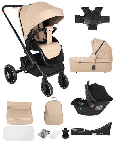 Carrito bebe 4 en 1,Carro bebe con empuje reversible de dos vías 0-48 meses Hasta 26 kg, sistemas de viaje, Ruedas grandes Todoterreno 360°, silla de paseo, plegable con un clic (marrón)