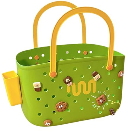 Bolsa de playa con abalorios, cesta de almacenamiento con agujeros, bolsa versátil de moda de verano, 11.4 x 6.3 x 7.2 pulgadas, verde con rejilla