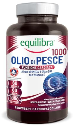 Equilibra Omega 3, Olio di Pesce da 1000mg, Ricco in EPA e DHA, Scorta 2 mesi, 60 capsule, Normale Funzione Cardiaca, Funzionalità Cerebrale e Capacità Visiva, Senza Glutine e Lattosio