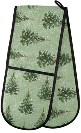 Oven Gloves Double Oven Gloves Green Christmas Tree Pattern Oven Mitts Pot Holder Heat Resistant Quilted for BBQ Baking Kitchen Cooking Gloves
