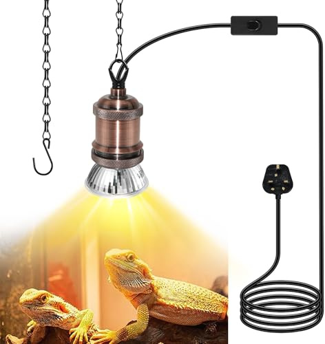 E27 Reptile Heat Lamp Fixture, Plug in Ceramic Lamp Holder with 1M Adjustable Hanging Metal Chain, Terrarium Lamp for Reptile, Tortoise, Beard Dragon