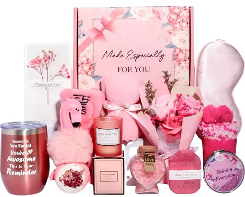 MySalvora Wellness Presentförpackning för kvinnor, rosa spa set med termosmugg, doftljus, badbomb, tvål, sovmask, strumpor, lyx presentset för flickvän och mamma