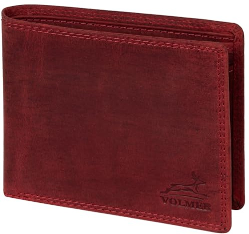 Fa.Volmer Cartera de piel para hombre con protección RFID, doble costura extraestable, 6 compartimentos para tarjetas de crédito, formato horizontal, Hunter Red, billetera delgada, Clásico
