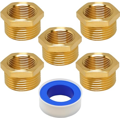 5 Pcs Reductor de 1/2 a 3/4, Acoplamiento Reductor, Adaptador Hembra de 1/2 a Macho de 3/4, Adaptadores Reductores Roscados de Latón con Rosca BSP para tuberías de agua, con 1 Cinta de Sellado