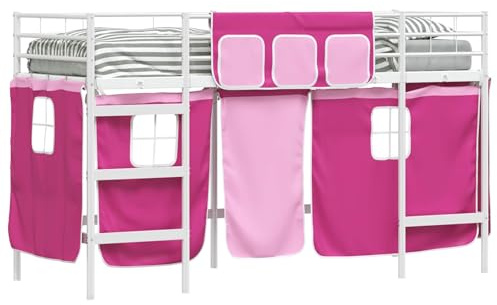 Qnhdfrt Hochbett für Kinder mit Vorhängen, Spielbett aus pulverbeschichtetem Metall, Stabiler Schlafplatz mit Kopfteil für das Kinderzimmer, geeignet für 100 x 190 cm Matratze, Weiß
