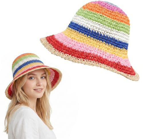 FIQLUL Strohhut Damen Sommerhut Faltbar Sonnenhut - UV-Schutz Strandhut für Reise, Strand & Garten, Boho-Stil Verstellbarer Damen Sommer Hut, Beige（ 56-58cm）