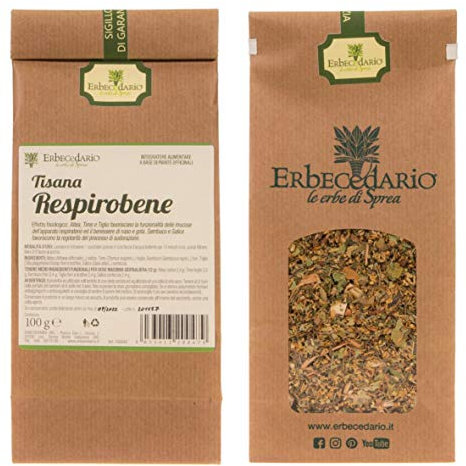 Erbecedario - Tisana Respirobene con Altea e Timo, Infuso ad Azione Decongestionante e Lenitiva. Infuso da bere come Tisana calda per Benessere Naso e Gola nei Malanni, Gusto Erbaceo 1 Sacchetto 100g