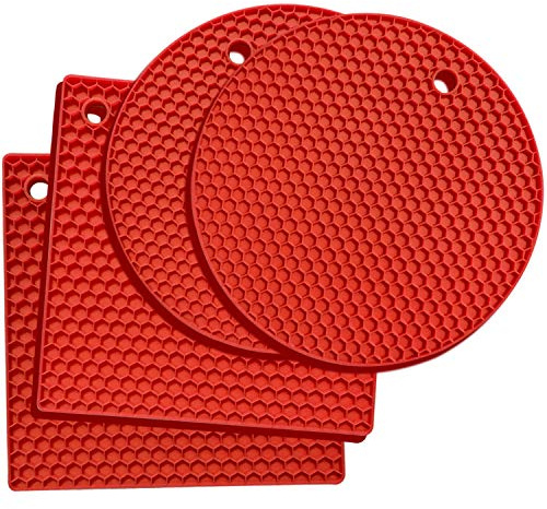 KITCHENATICS Premium-Silikon-Untersetzer-Set für heiße Töpfe und Pfannen, Flexible hitzebeständige Untersetzer für heiße Gerichte, Mehrzweck-rutschfeste hitzebeständige Matte - Roten