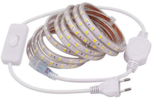 XUNATA 5m Tira de LED con Interruptor Blanco calido, 220V 5050 LED SMD 60 Unidades/m Luz Cuerda Dimmable, IP67 Impermeable Decoración Interior